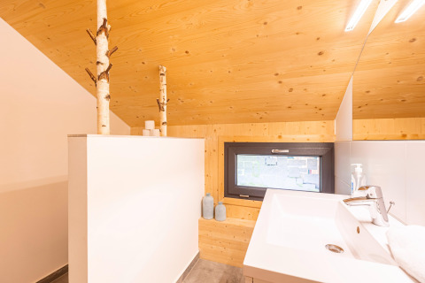 Moderne badkamer met licht houten plafond, raam en berkenstammen in Kreischberg Chalets 28, Oostenrijk.