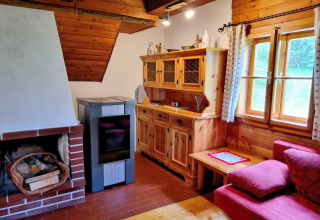 Accogliente soggiorno nello chalet Schneiderhütte in Austria, con camino, mobili in legno e finestra luminosa.