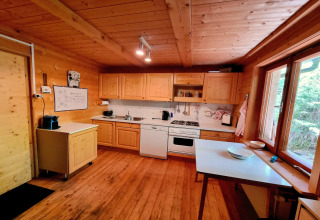 Cucina rivestita in legno dello chalet Schneiderhütte in Austria, con finestre grandi e atmosfera accogliente.