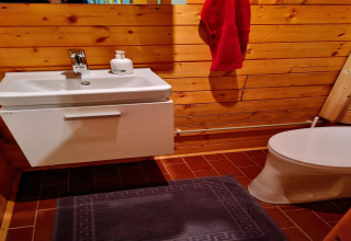 Badezimmer im Schneiderhütte-Chalet in Österreich mit weißem Waschbecken, WC und Holzwänden.