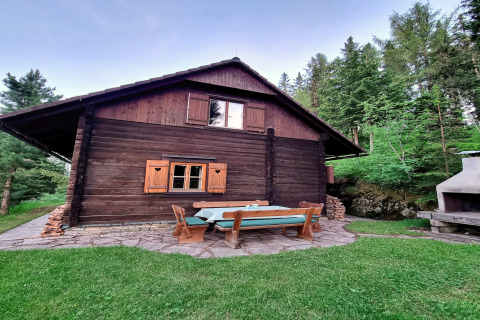 Chalet Schneiderhütte in Austria con zona pranzo esterna in legno, immerso tra alberi e natura verde.