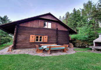 Træchalet Schneiderhütte i Østrig med udendørs siddeområde, omgivet af grønne træer og skov.