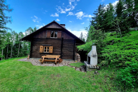 Holzchalet Schneiderhütte in Österreich, umgeben von grüner Natur, Bäumen und blauem Himmel.
