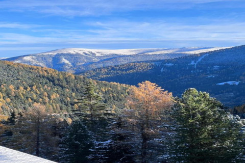 Aussicht von der Schneiderhütte in Österreich mit verschneiten Bergen und buntem Wald bei blauem Himmel.