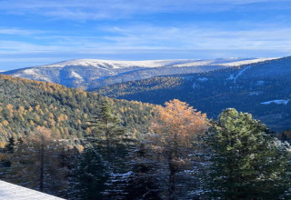 Aussicht von der Schneiderhütte in Österreich mit verschneiten Bergen und buntem Wald bei blauem Himmel.