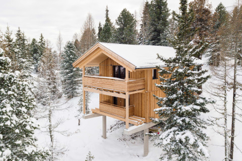 Treehouse named 'Nature chalets Turracher Höhe 1' surrounded by snowy trees in Austria during winter.