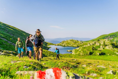 A group of hikers climbs a green hill by a scenic lake and mountains at Alpenpark Turrach 21 in Austria.