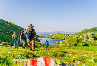 A group of hikers climbs a green hill by a scenic lake and mountains at Alpenpark Turrach 21 in Austria.