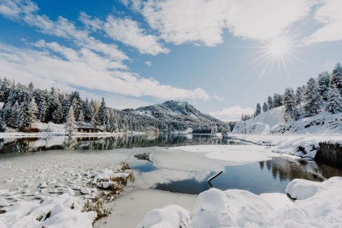 Snowy alpine landscape near a lake at Alpenpark Turrach 21, Austria, under a bright sunny winter sky.