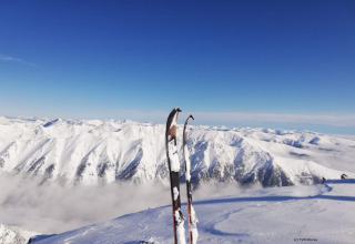 Two skis stand in snow overlooking snowy mountain peaks at Alpenpark Turrach 21, Austria, beneath a clear blue sky.