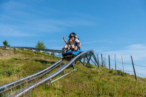 Two people enjoying an alpine coaster ride at Alpenpark Turrach 21 in Austria under a clear blue sky.