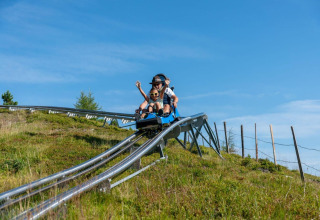 Two people enjoying an alpine coaster ride at Alpenpark Turrach 21 in Austria under a clear blue sky.