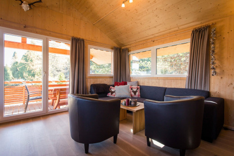 Cozy living room at Alpenpark Turrach 21 chalet in Austria with wood walls, modern seating, and large windows.
