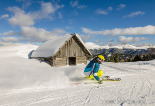 Skiër glijdt langs een met sneeuw bedekt boomhut-chalet in Turracher Höhe, Oostenrijk, met bergen erachter.