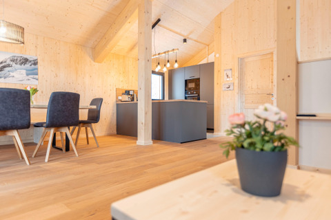 Bright, modern kitchen and dining area inside tree house Nature chalets Turracher Höhe 1, Austria.