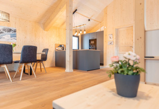 Lichte, moderne keuken en eethoek in boomhuis Nature chalets Turracher Höhe 1, Oostenrijk.