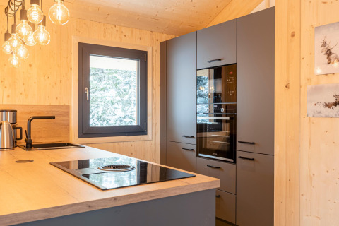 Moderne boomhutkeuken met zwarte kasten in Nature chalets Turracher Höhe 1 in Oostenrijk.