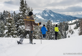 Mensen wandelen in de sneeuw bij de Nature Chalets Turracher Höhe met uitzicht op bergen in Oostenrijk.