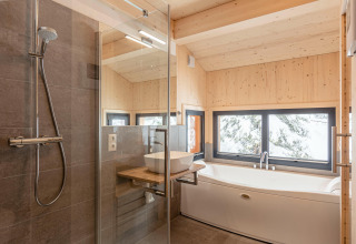 Moderne badkamer in een boomhut in Oostenrijk met glazen douche, ligbad en uitzicht op de sneeuw.