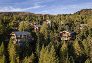 Several treehouses of Nature chalets Turracher Höhe 1 nestled in alpine forested hills in Austria.