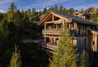 Treehouse called Nature chalets Turracher Höhe 1 in Austria, surrounded by pine trees and mountains.