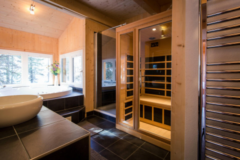 Modern bathroom at Alpenpark Turrach 21 chalet in Austria with sauna, jacuzzi and wood interiors.