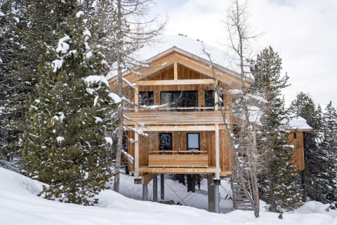 Wooden chalet Alpenpark Turrach 21 in Austria, surrounded by pine trees and snow in a winter mountain setting.