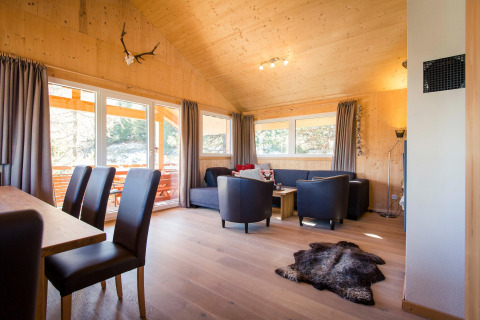 Cozy living room at Alpenpark Turrach 21, Austria, with wood interiors, large windows, and modern decor.