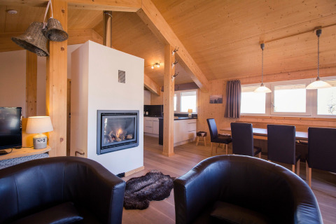 Living room with modern fireplace, leather chairs, and wooden dining area at Alpenpark Turrach 21 in Austria.