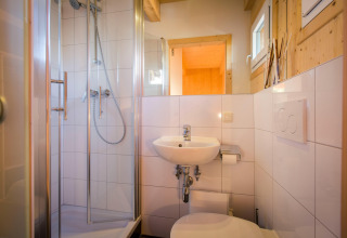 Modern compact bathroom with shower, sink and toilet at Alpenpark Turrach 21 chalet in Austria.