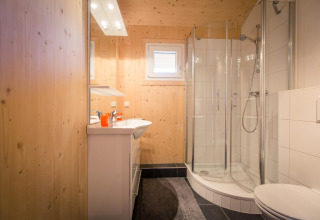 Modern bathroom with wood paneling, corner shower, toilet and sink at Alpenpark Turrach 21 in Austria.