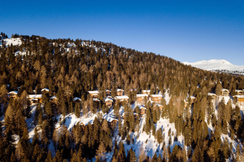 Snow-covered chalets nestled among pine trees at Alpenpark Turrach 21, Austria, under a clear blue sky.