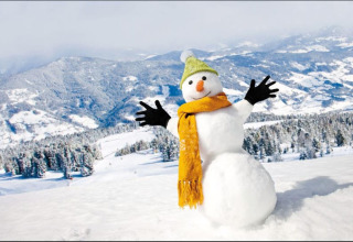Ein Schneemann mit grüner Mütze und orangem Schal steht vor Berglandschaft bei Kreischberg Chalets 21, Österreich.