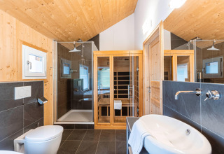 Modernes Badezimmer mit Holzverkleidung, Dusche, Sauna und Waschbecken im Kreischberg Chalets 26, Österreich.