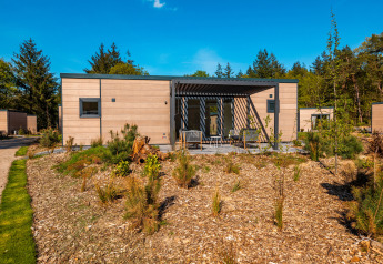 Moderne glampingbolig med træbeklædning i naturskønne omgivelser og udendørs siddeplads under blå himmel.