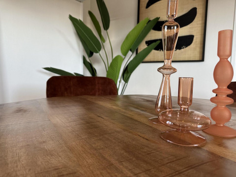 Houten tafel met stijlvolle glazen vazen en groene planten bij Zonneweelde Lodge Deluxe, Camping Zonneweelde.