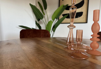 Table en bois ornée de vases en verre et plantes vertes à Zonneweelde Lodge Deluxe, Camping Zonneweelde.