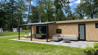 Moderne Veluwe Villa lodge met houten afwerking, tuinset en eettafel, omgeven door bos en gras.