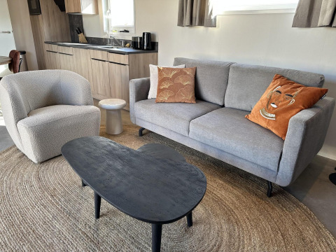 Moderne woonkamer in Zonneweelde Lodge Deluxe met grijze zetel, uniek tafel en gezellige sfeer.