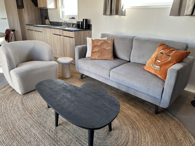 Sala moderna en Zonneweelde Lodge Deluxe con sofá gris, mesa negra y elegante decoración acogedora.