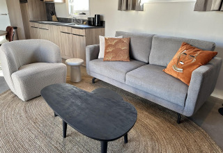 Sala moderna en Zonneweelde Lodge Deluxe con sofá gris, mesa negra y elegante decoración acogedora.