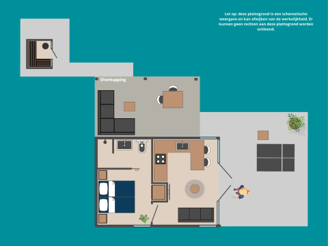 Plattegrond van de Veluwe Suite met sauna op Camping Samoza in Nederland, met kamers en terras zichtbaar.