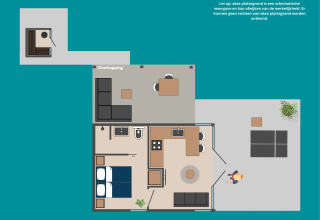 Plattegrond van de Veluwe Suite met sauna op Camping Samoza in Nederland, met kamers en terras zichtbaar.