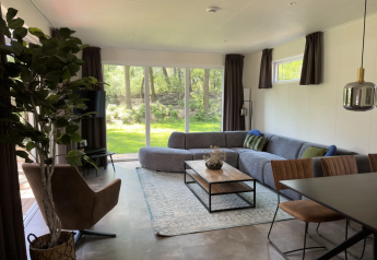 Moderne woonkamer in Veluwe Villa op Camping Samoza, Nederland, met grote ramen en zicht op bos.