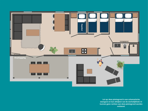Plattegrond van Veluwe Villa lodge op Camping Samoza in Nederland, met woonkamer, slaapkamers en badkamers.