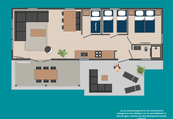 Plattegrond van Veluwe Villa lodge op Camping Samoza in Nederland, met woonkamer, slaapkamers en badkamers.