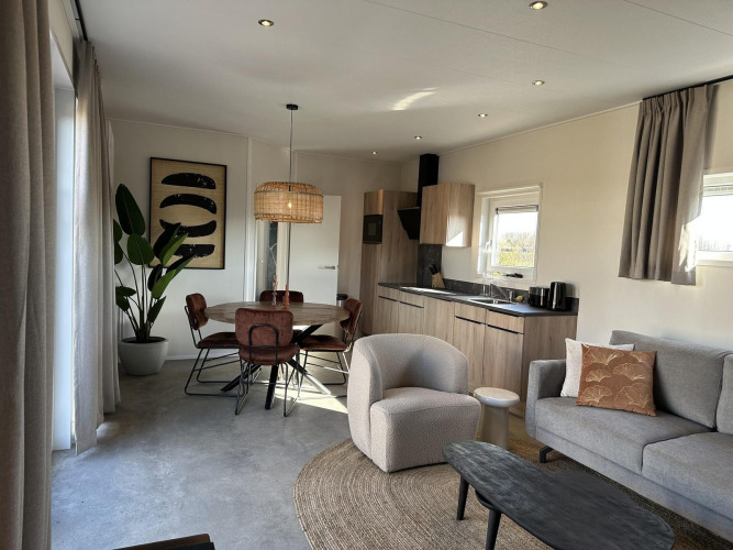 Sala de estar moderna y cocina en Zonneweelde Lodge Deluxe en Camping Zonneweelde, Países Bajos, con decoración elegante.