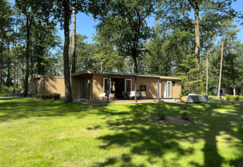 Veluwe Villa-lodge op Camping Samoza in Nederland, omringd door hoge bomen en een groen gazon.