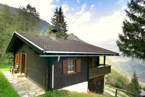 Chalet Pirkach, en hyggelig bjælkehytte beliggende i bjergene med udsigt over dalen og grønne træer.