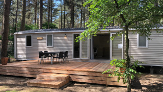 Chalet moderno chiamato Goudhaantje con terrazza in legno e tavolo da pranzo all'aperto tra gli alberi.